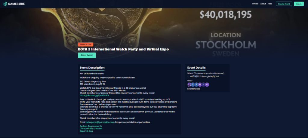 Gamerjibe TI10 Watch Party and Virtual Expo landing page