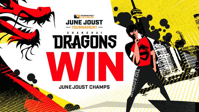 An image of Shanghai Dragons as the winner of the Overwatch League June Joust tournament.