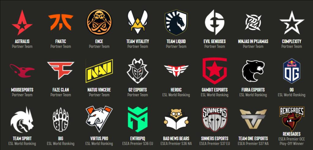The 24 participating teams at ESL Pro League Season 14. This includes 12 Partner teams, 7 teams via the ESL World Rankngs and five ESEA Premier teams.