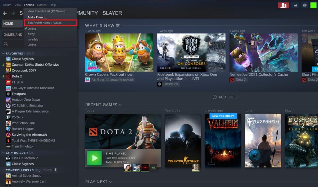 The Steam Client. The Friends option is open and the Edit Profile Name/Avatar option is highlighted. 