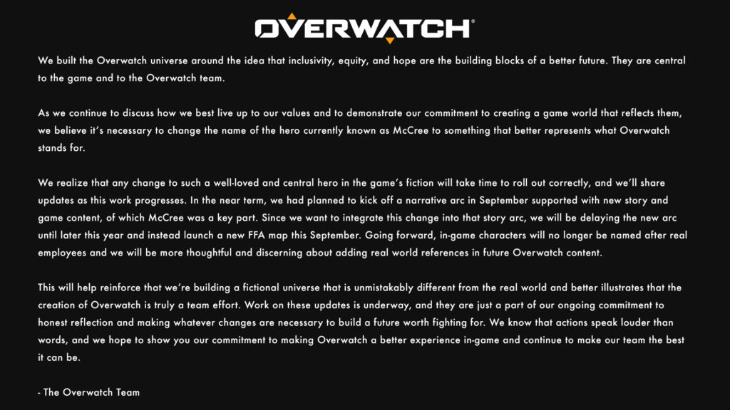 Blizzard's statement that says they are renaming McCree. They will also push back a planned arc storyline in Overwatch to later this year.