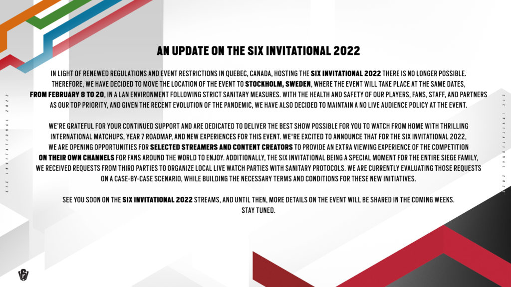 Ubisoft has shifted to Stockholm, Sweden for the Six Invitational 2022. The tournament will allow co-streaming for select streamers and content creators.