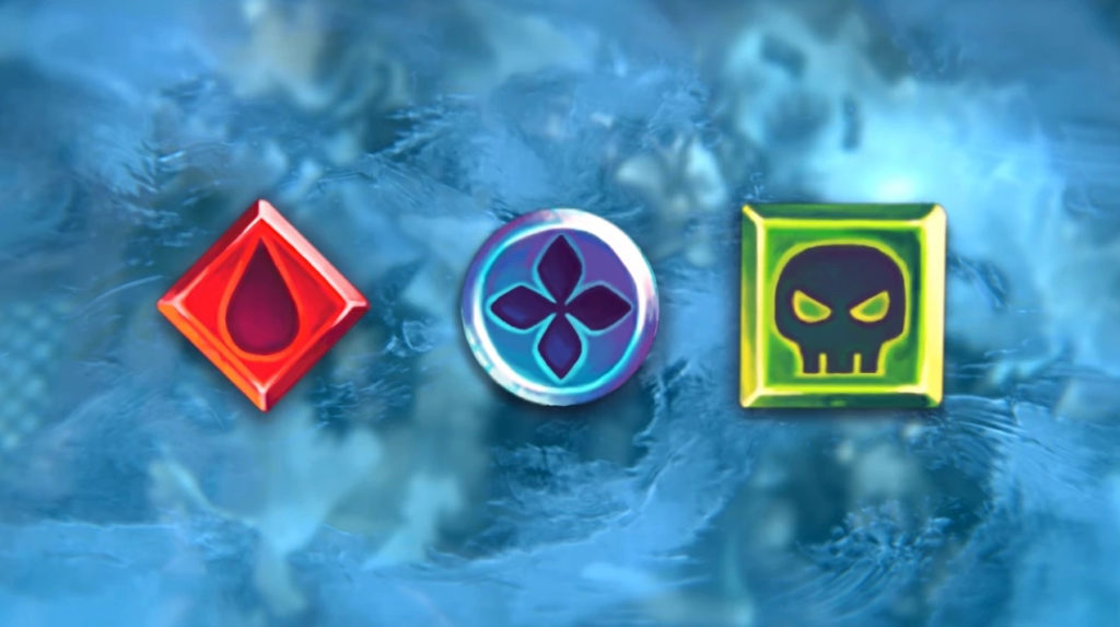 Blood, Frost and Unholy Runes in Hearthstone. Blood Runes are the color red with a blood symbol and diamond shape. Frost Runes are blue with a four-sided snowflake symbol and a circle shape. Unholy Runes are the color green with a skull symbol and have the shape of a square.