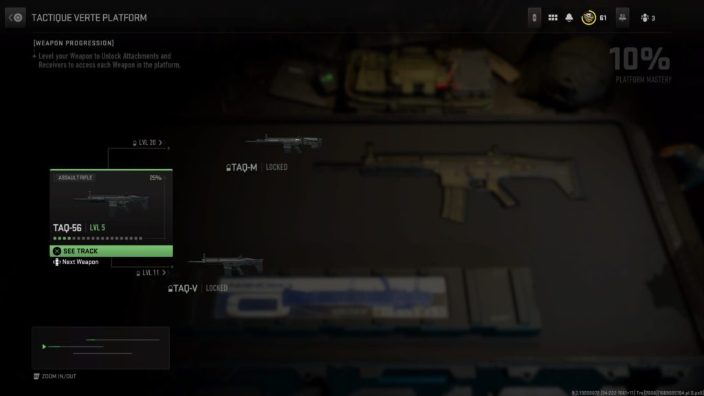 The Tactique Verte Weapon Platform requires you to level up the TAQ-56 in order to unlock the TAQ-M and TAQ-V.
